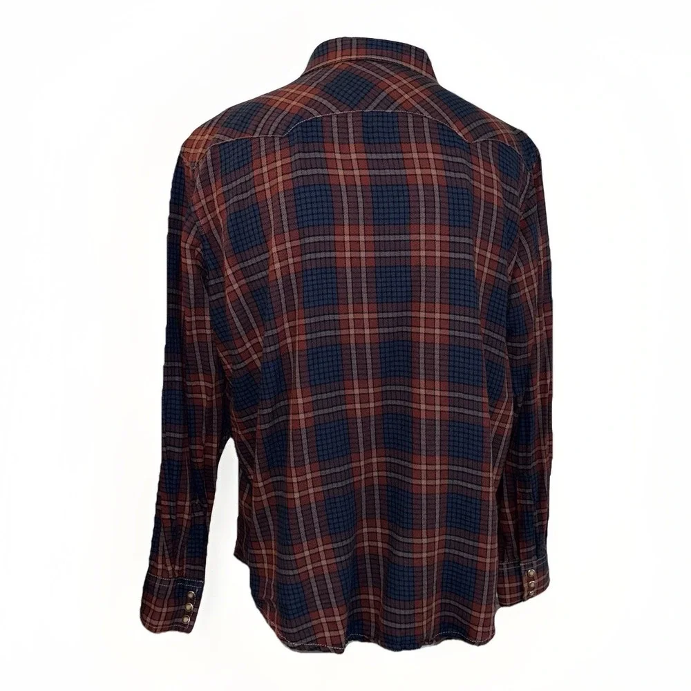 Wrangler Long Sleeve Plaid Flannel Men's XL Navy Rust Pearl Snap American Cowboy